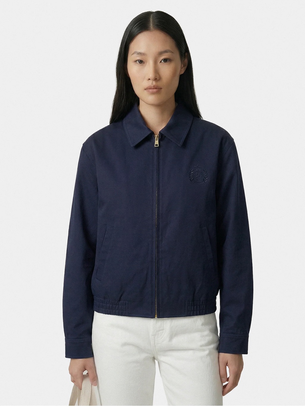 Navy Zip-Up Crest Prep Jacket Cotton
